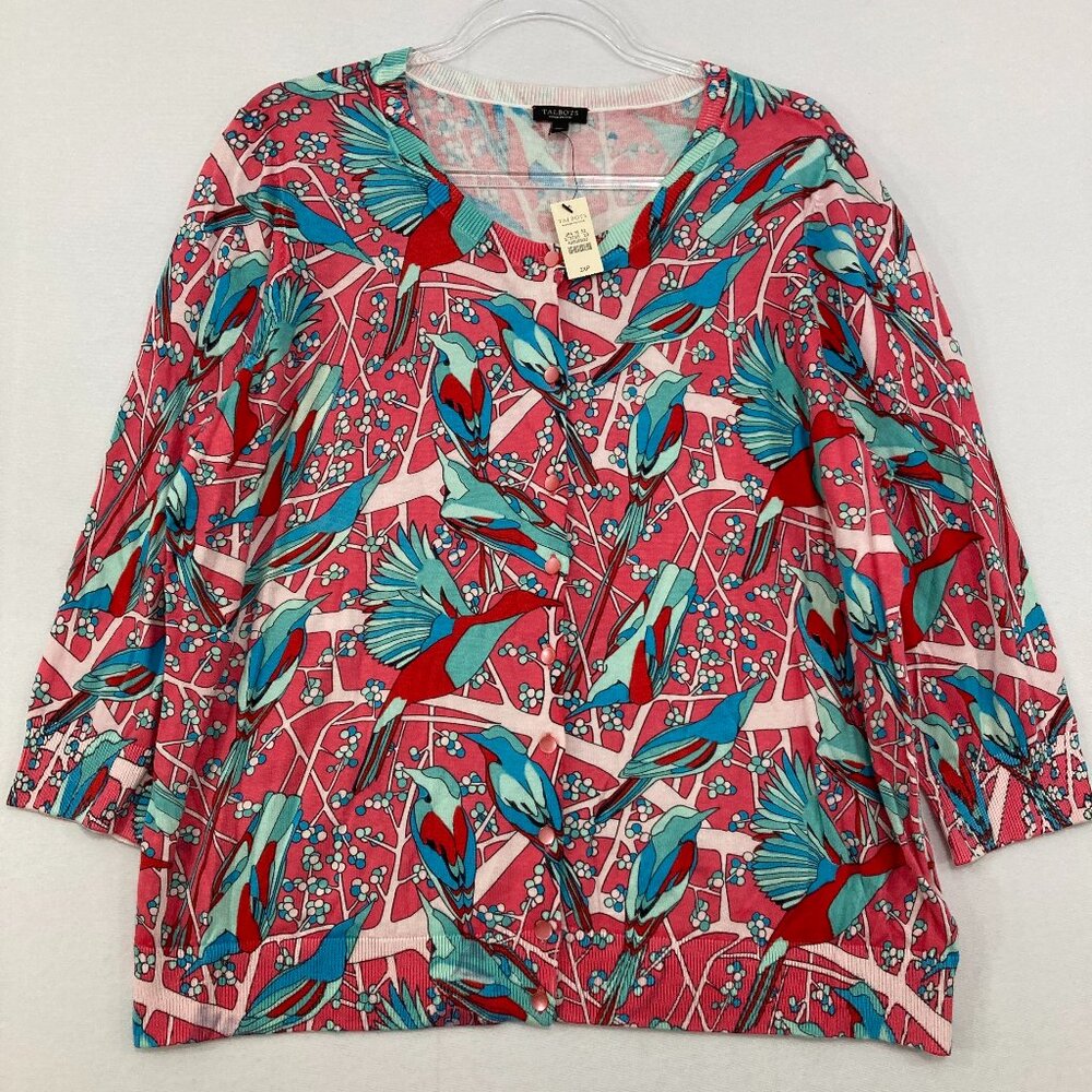 New Talbots 2X Petite‎ Pink Blue Bird Print Novelty Light Knit Button Cardigan